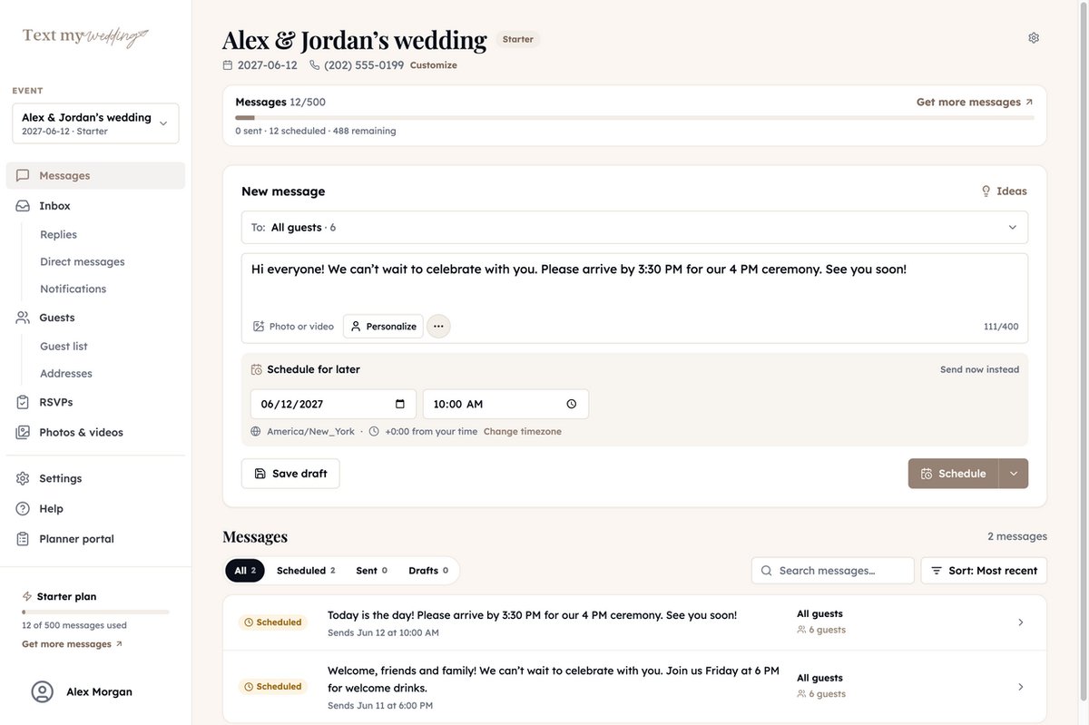 Schedule a wedding message with a date, time, and event timezone