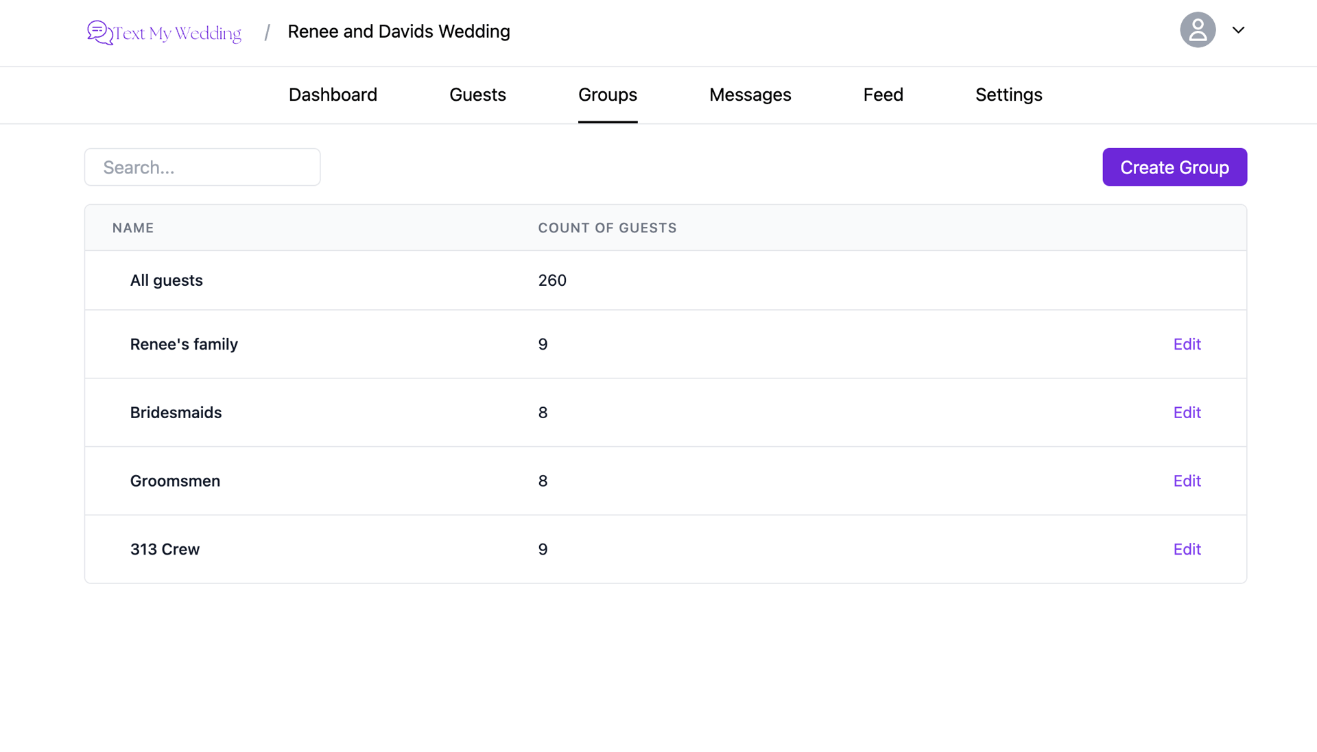 text my wedding group interface