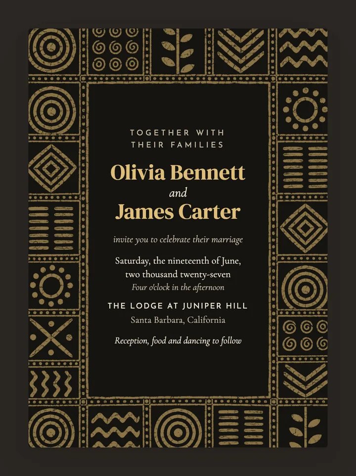Adire digital wedding invitation in Black & Gold