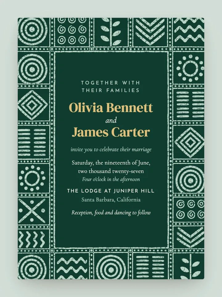 Adire digital wedding invitation in Emerald