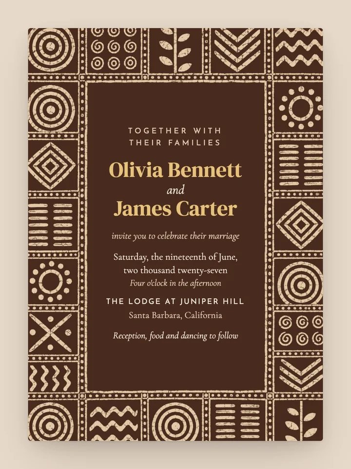 Adire digital wedding invitation in Mocha