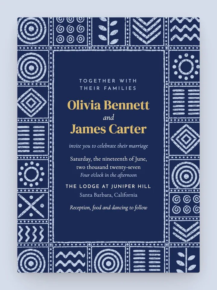 Adire digital wedding invitation in Indigo
