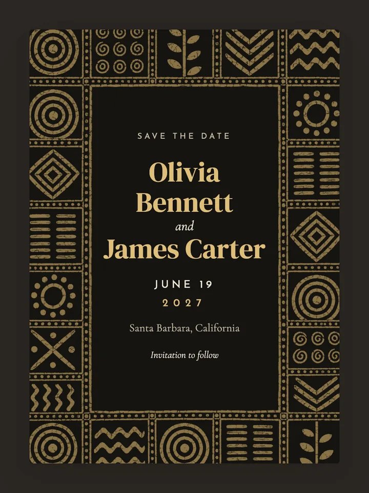 Adire digital save the date in Black & Gold