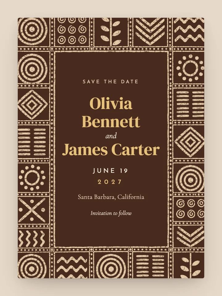 Adire digital save the date in Mocha
