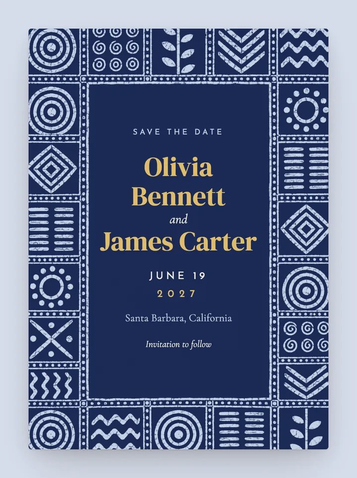Adire digital save the date in Indigo