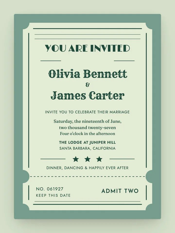 Admit One digital wedding invitation in Mint