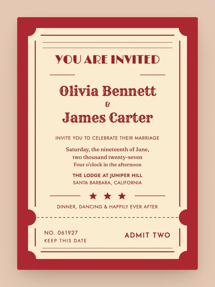 Admit One digital wedding invitation in Cherry
