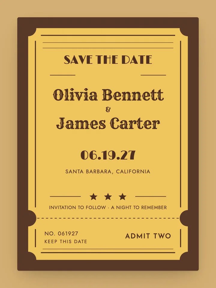 Admit One digital save the date in Marigold