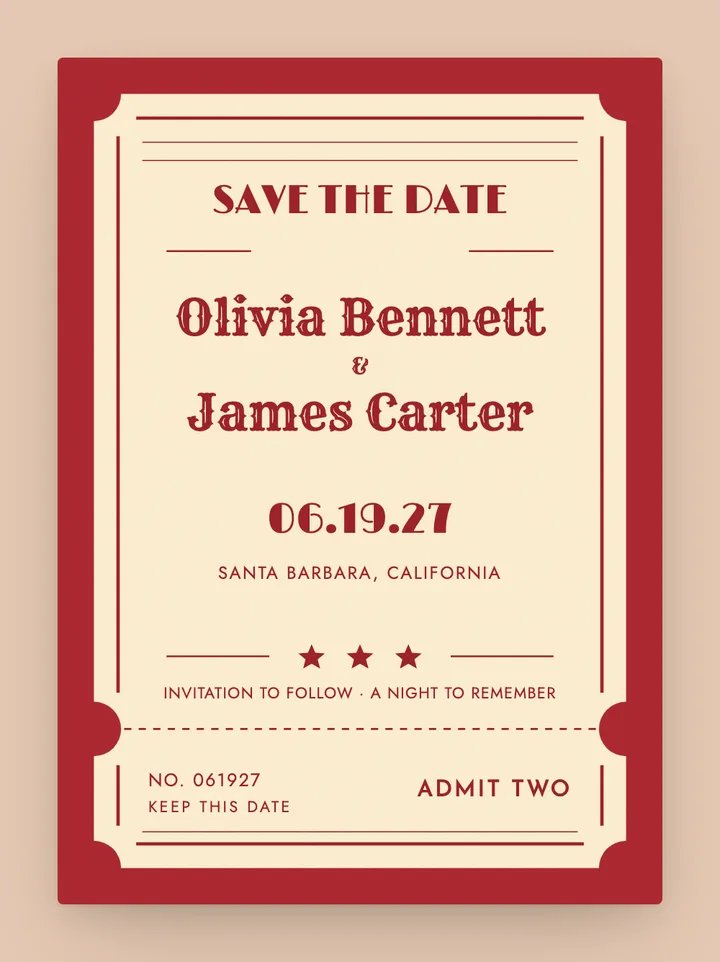 Admit One digital save the date in Cherry