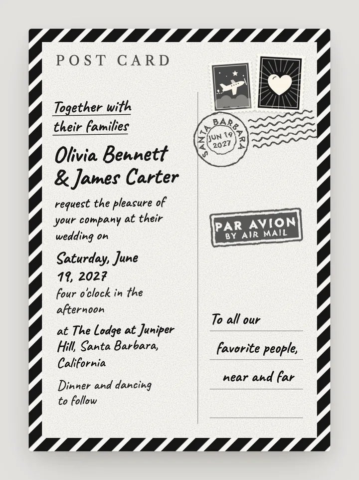 Air Mail digital wedding invitation in Black & White