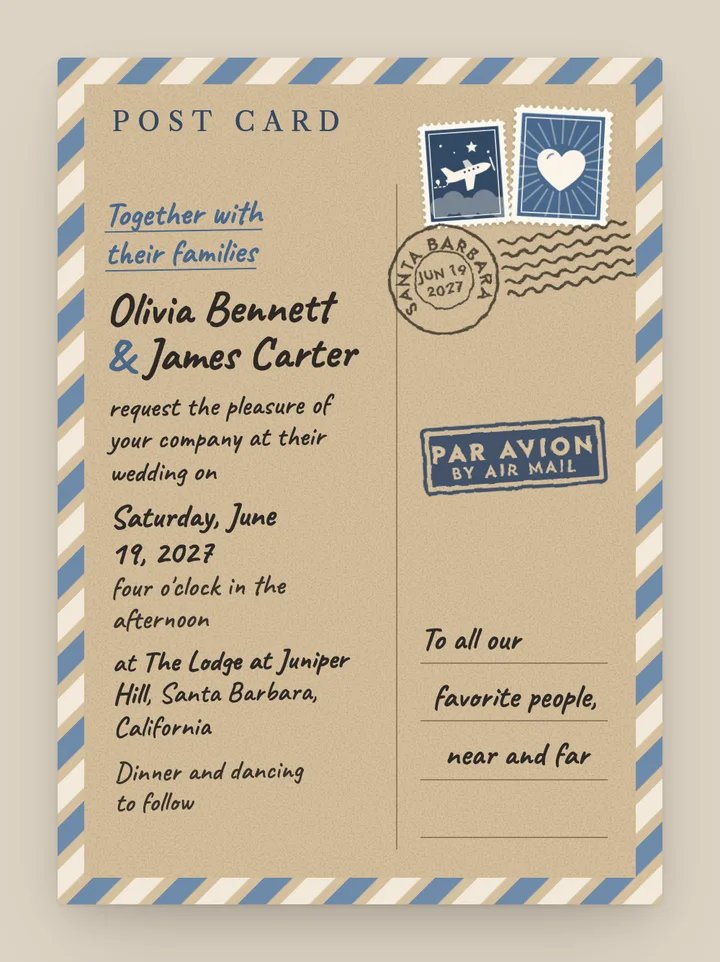 Air Mail digital wedding invitation in Dusty Blue & Kraft
