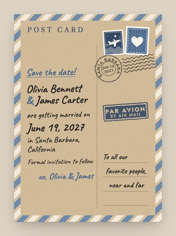 Air Mail digital save the date in Dusty Blue & Kraft