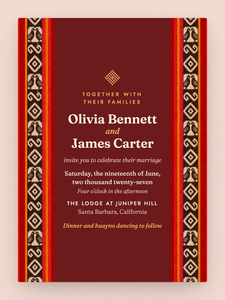 Andina digital wedding invitation in Cochineal Red
