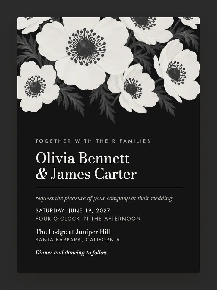Anemone digital wedding invitation in Black & White