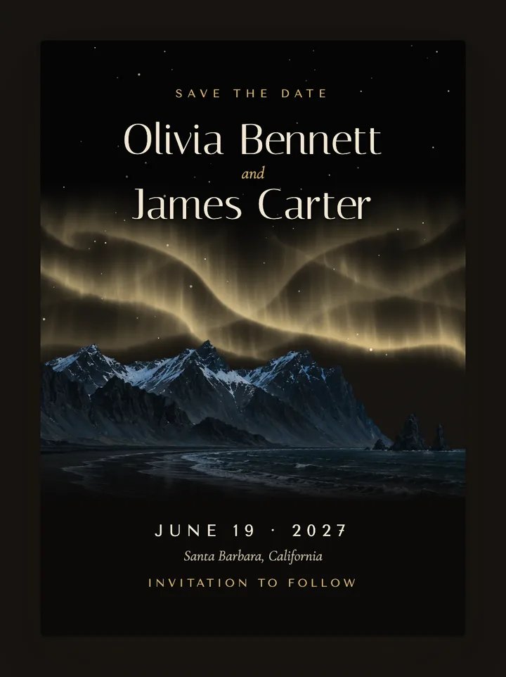 Aurora digital save the date in Black & Gold
