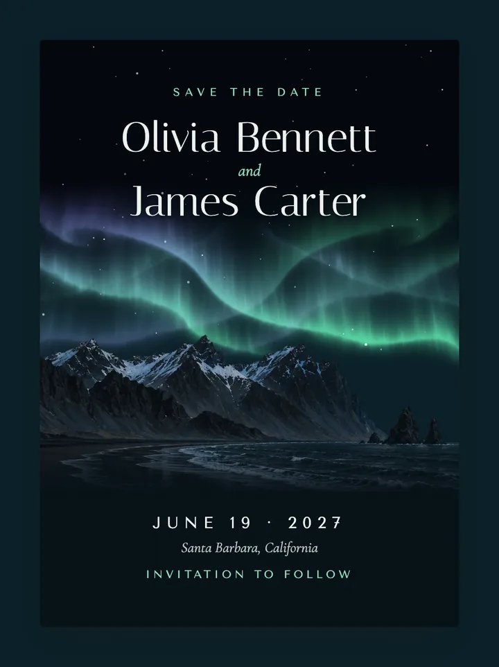 Aurora digital save the date in Emerald & Violet