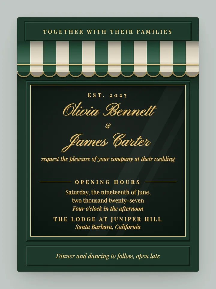 Awning digital wedding invitation in Forest Green