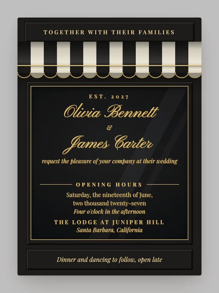 Awning digital wedding invitation in Black & Gold