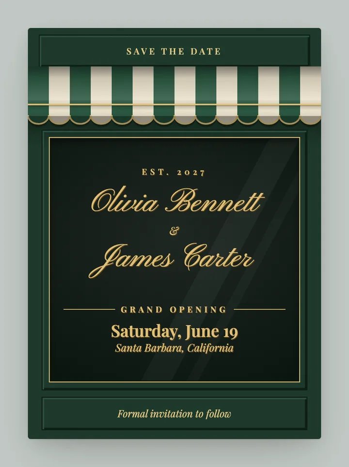Awning digital save the date in Forest Green