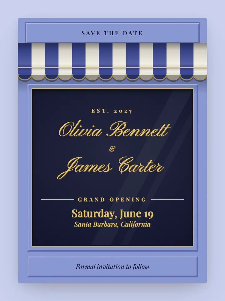 Awning digital save the date in Periwinkle