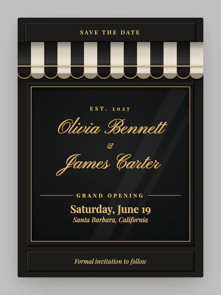 Awning digital save the date in Black & Gold