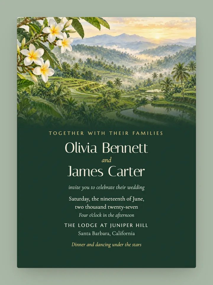 Bali digital wedding invitation in Emerald