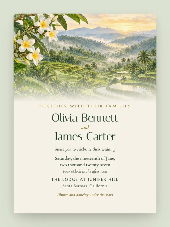 Bali digital wedding invitation in Jade & Ivory
