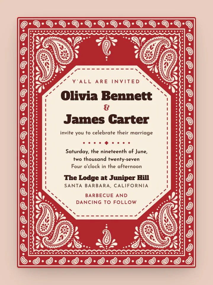 Bandana digital wedding invitation in Cherry Red