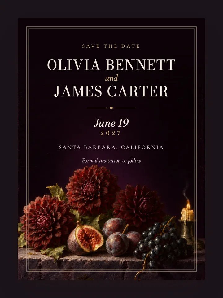 Belladonna digital save the date in Aubergine
