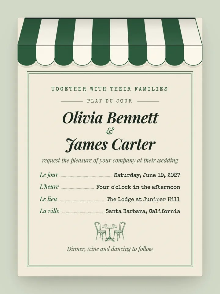 Bistro digital wedding invitation in Green & Cream