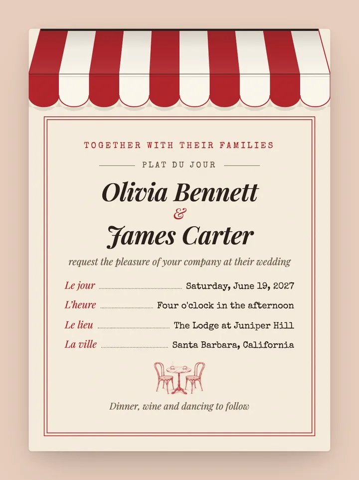 Bistro digital wedding invitation in Red & Cream