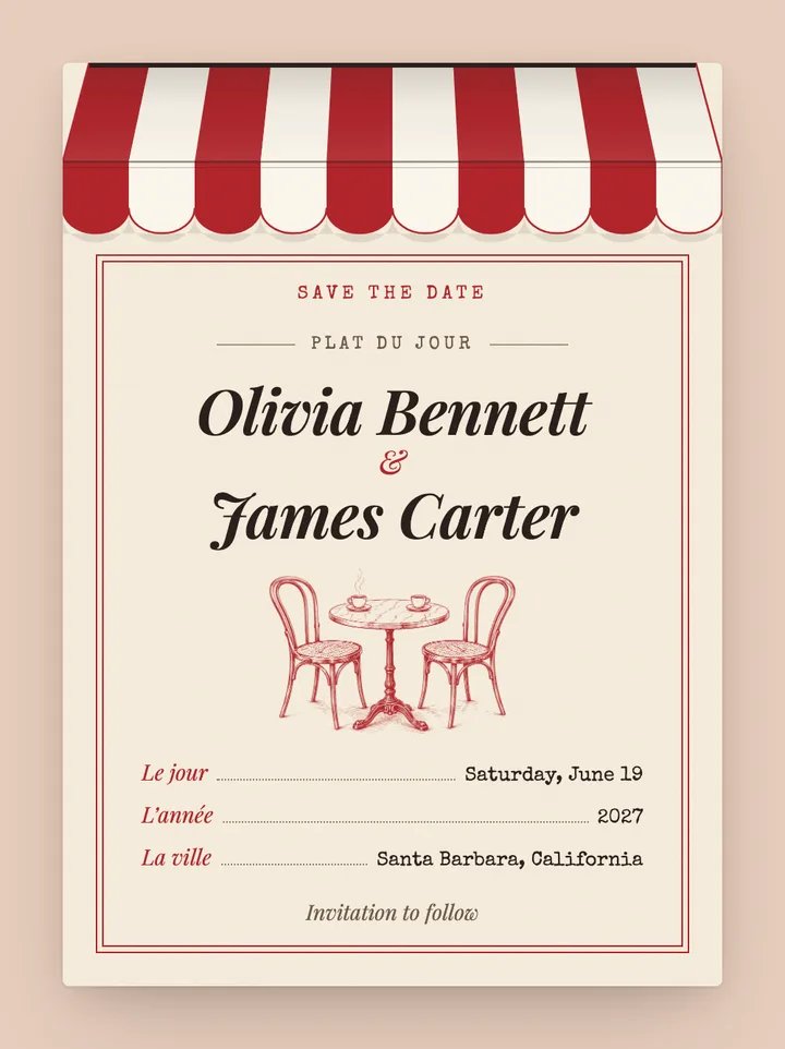 Bistro digital save the date in Red & Cream