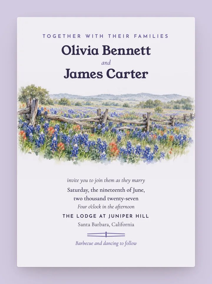 Bluebonnet digital wedding invitation in Lavender
