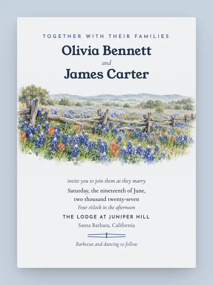 Bluebonnet digital wedding invitation in Dusty Blue
