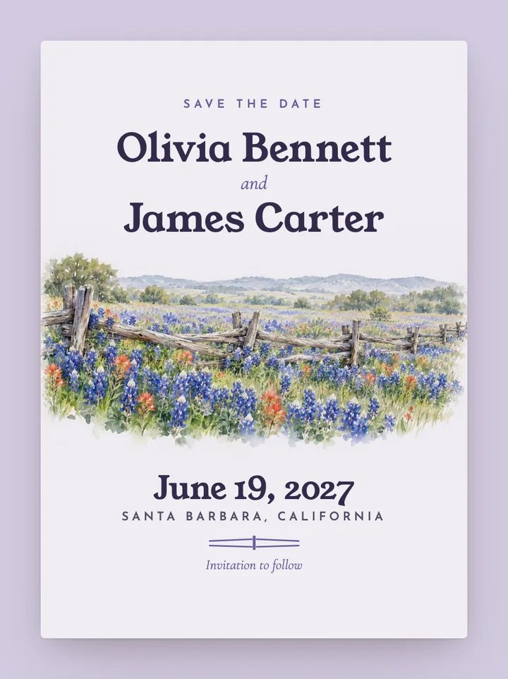 Bluebonnet digital save the date in Lavender