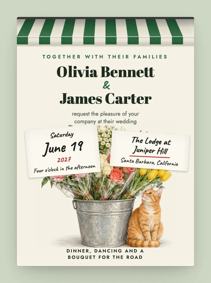 Bodega digital wedding invitation in Forest Green & Cream