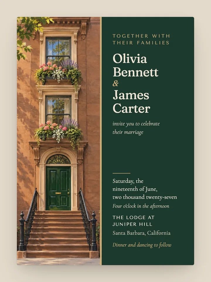 Brownstone digital wedding invitation in Emerald