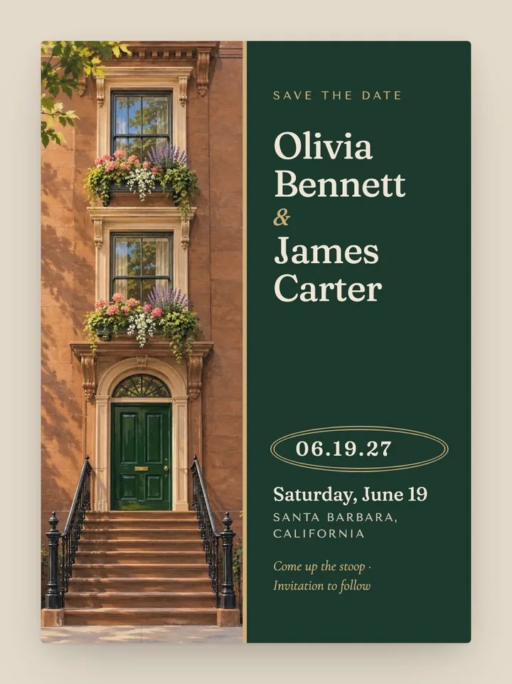 Brownstone digital save the date in Emerald