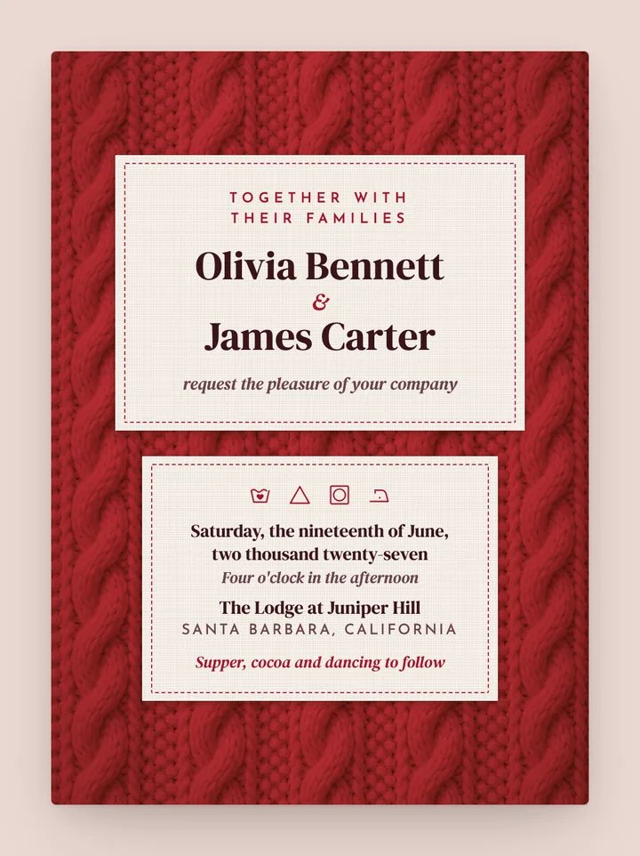 Cable Knit digital wedding invitation in Cherry Red