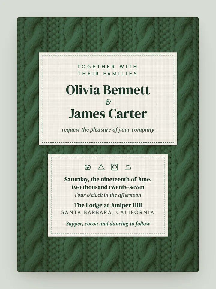 Cable Knit digital wedding invitation in Forest Green