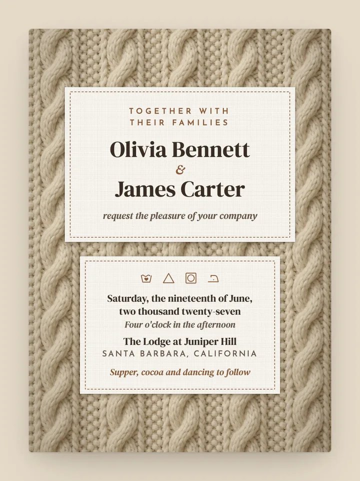 Cable Knit digital wedding invitation in Oatmeal