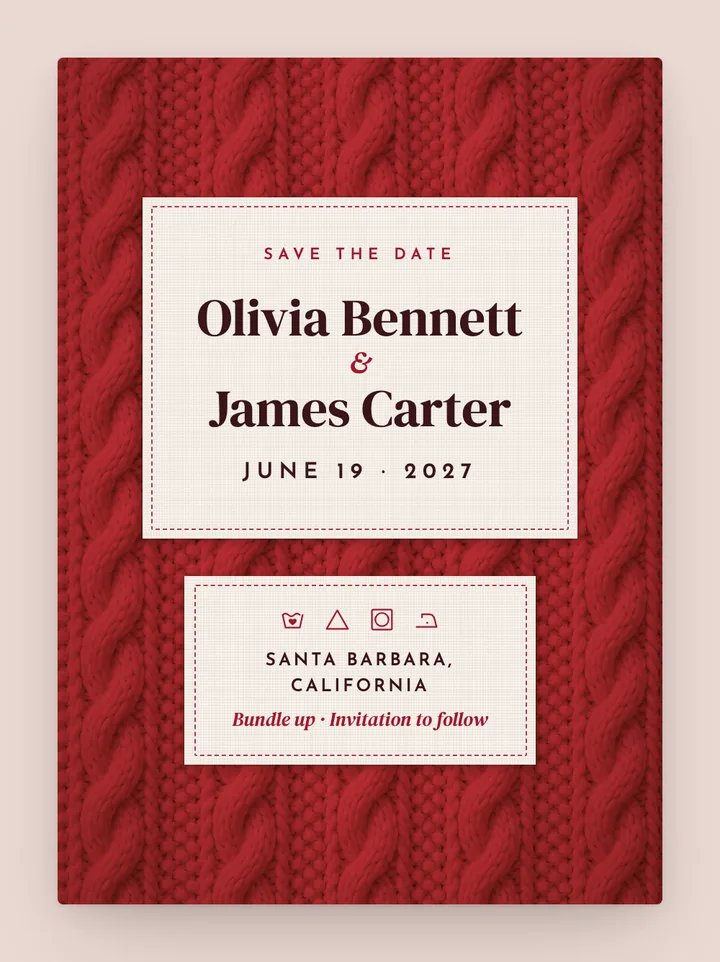 Cable Knit digital save the date in Cherry Red