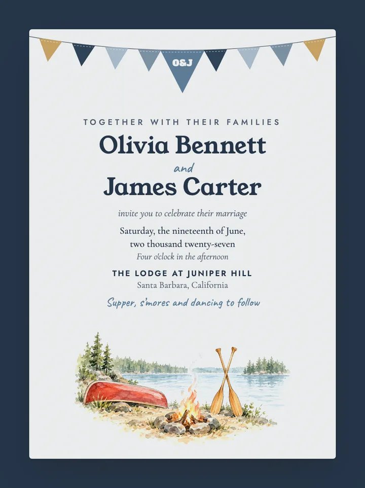 Camp digital wedding invitation in Dusty Blue
