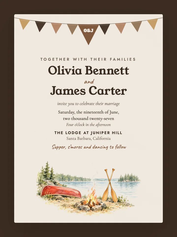 Camp digital wedding invitation in Mocha