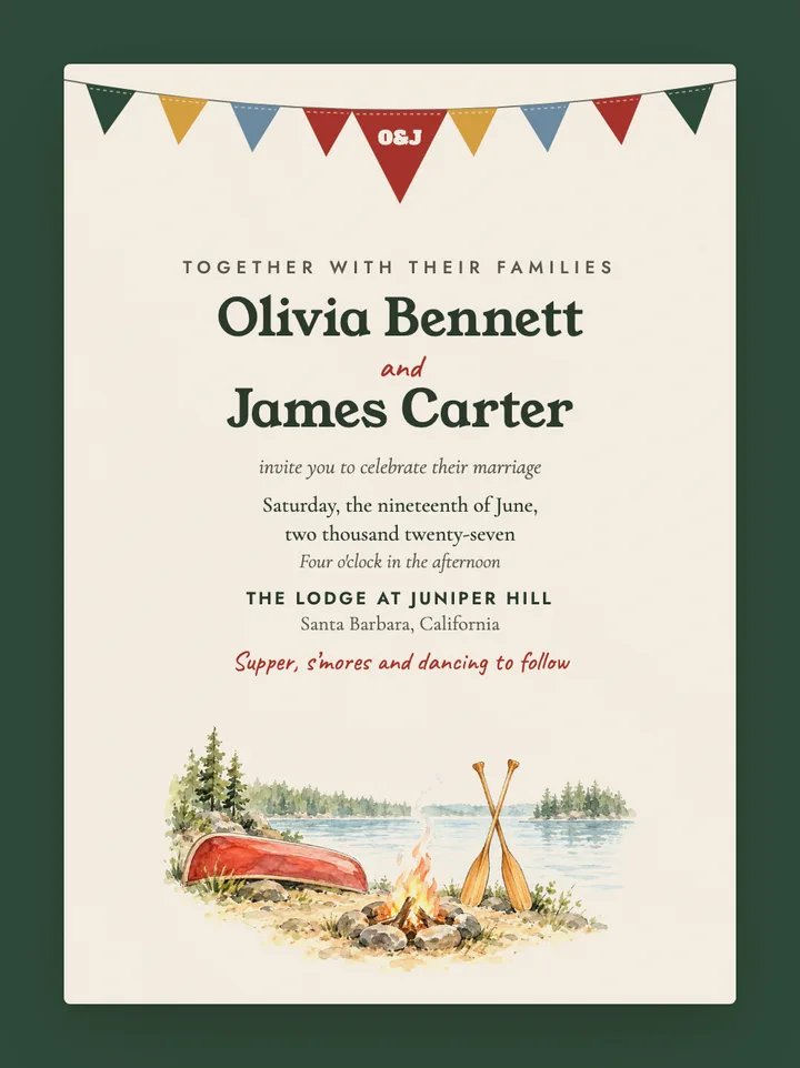 Camp digital wedding invitation in Cherry Red