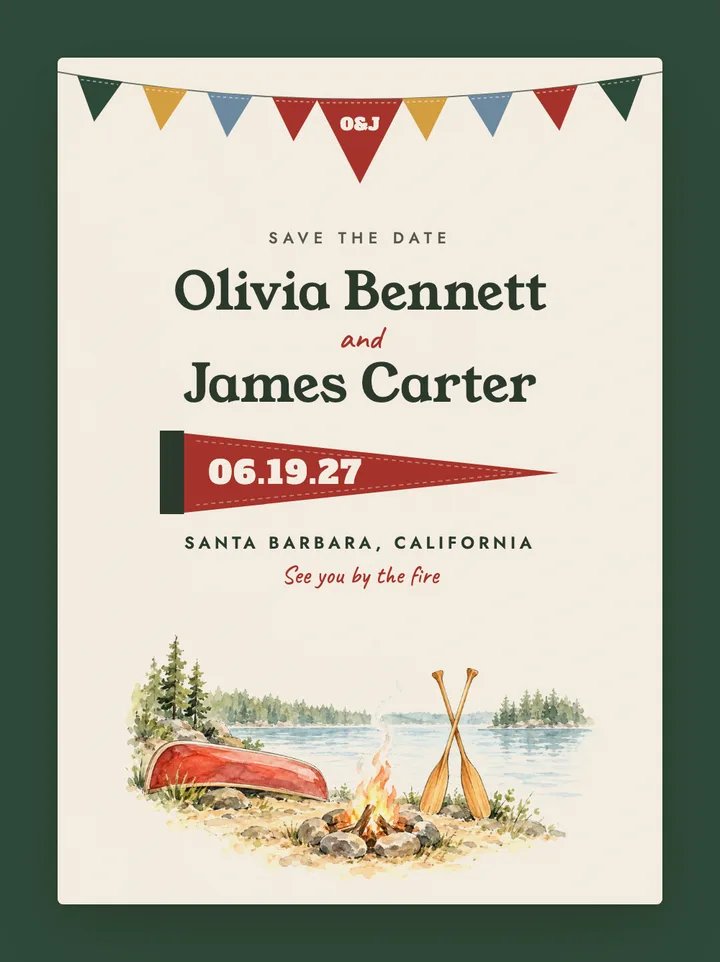 Camp digital save the date in Cherry Red