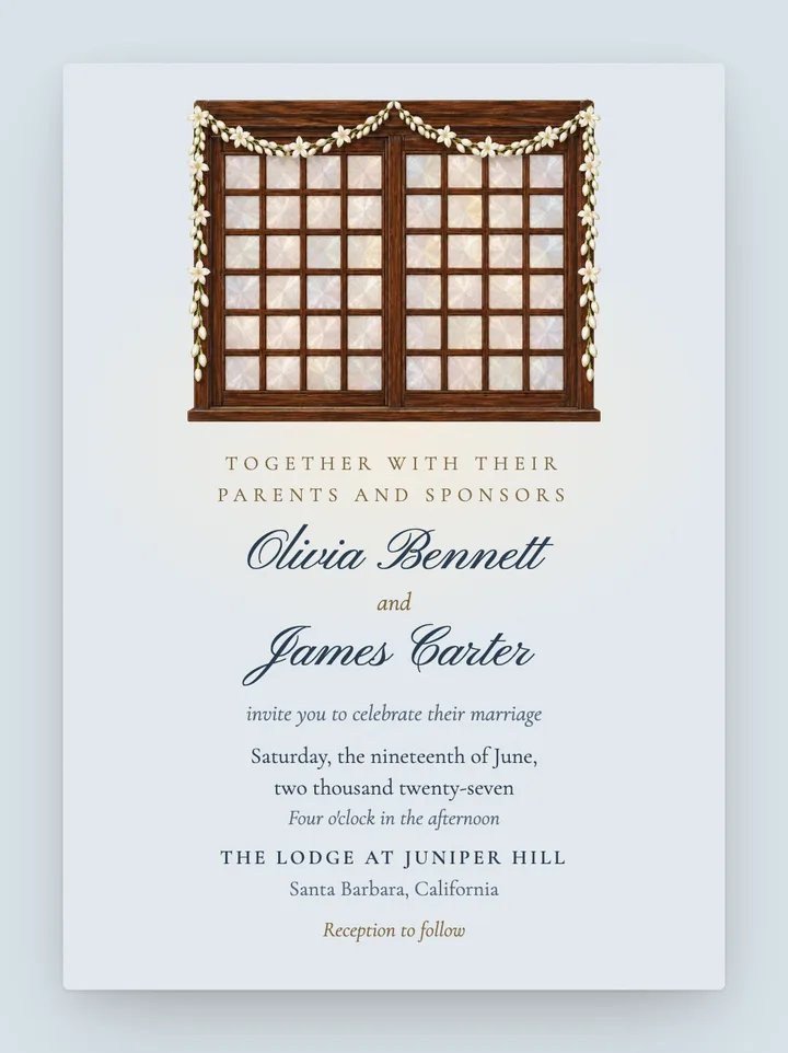 Capiz digital wedding invitation in Dusty Blue