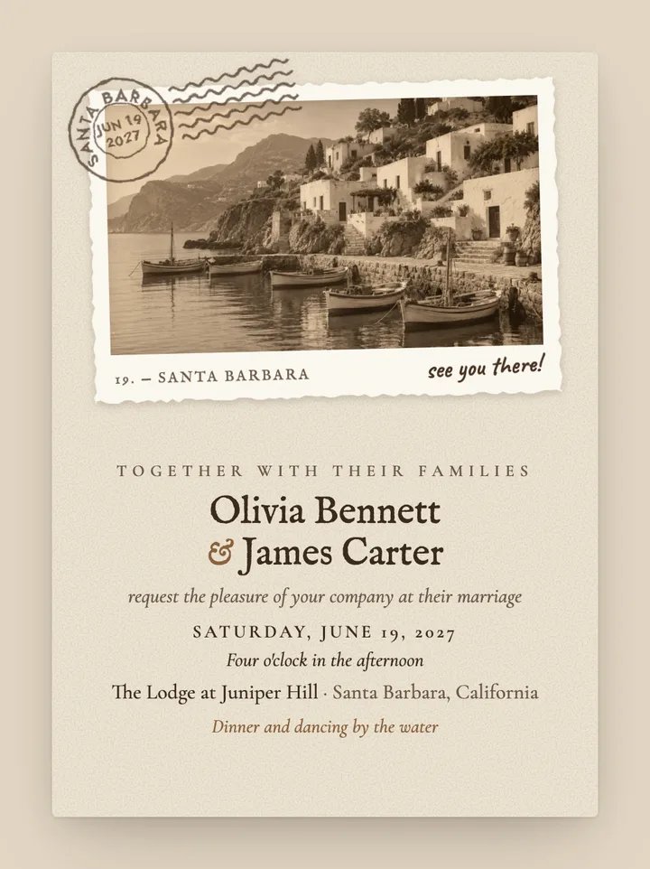 Carte Postale digital wedding invitation in Sepia