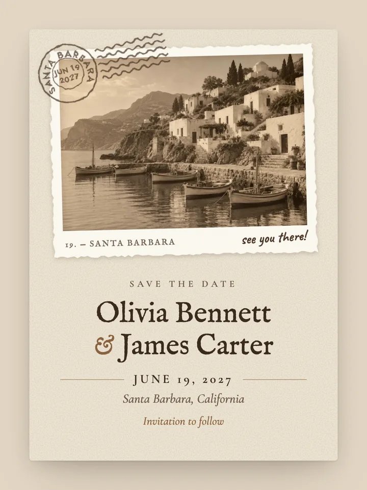 Carte Postale digital save the date in Sepia