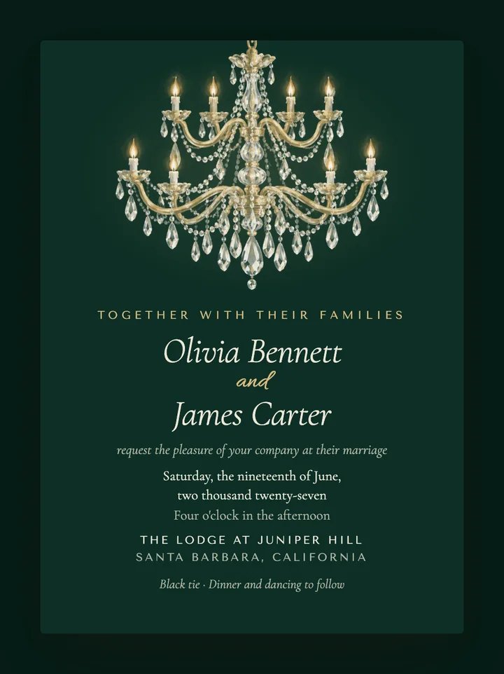 Chandelier digital wedding invitation in Emerald